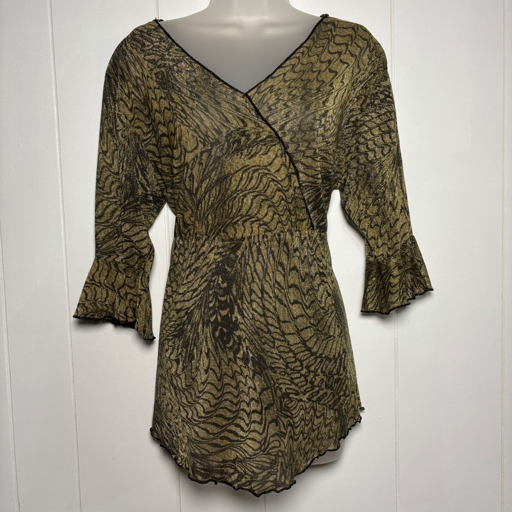 Y2K Gold Black Metallic Abstract Print Faux‎ Wrap Top Bell Sleeve Lettuce Trim